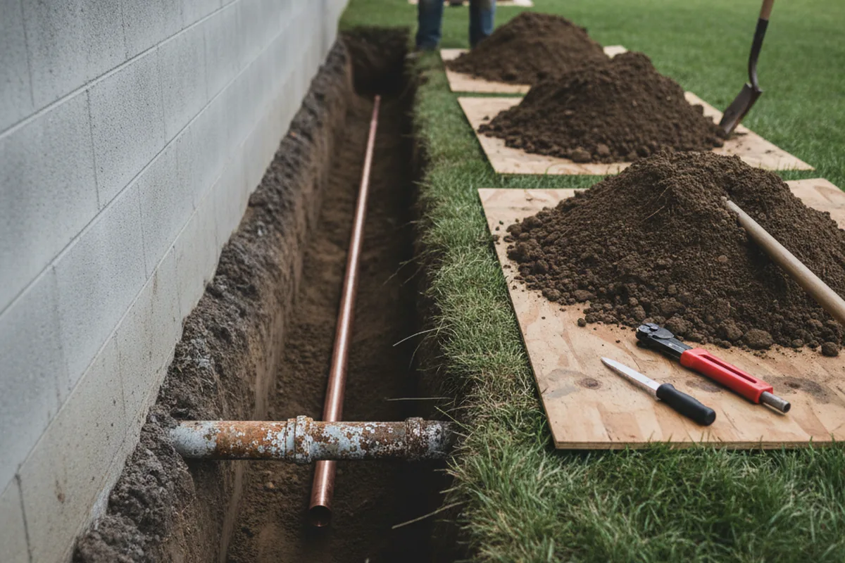 Excavated water line trench during Water Heater Repair in Encino